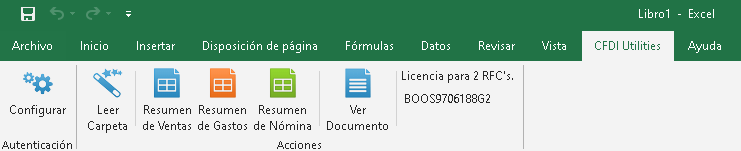 Barra de herramientas de CFDI Utilities for Excel